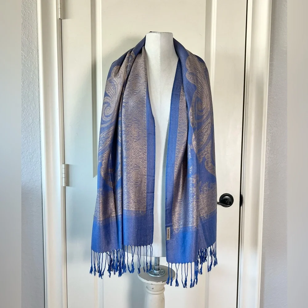Vintage Blue Gold Paisley Pashmina Wrap Scarf Jacquard Shawl Fall Travel
